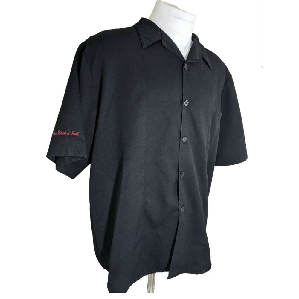 Hard Rock cafe short sleeve button up front employee uniform shirt black med